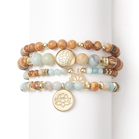 Natural Flower Amazonite & Picture Jasper Beaded Stretch Bracelets Sets with Non-Magnetic Synthetic Hematite BJEW-JB09280-1