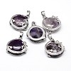 Flat Round with Dragon Platinum Plated Brass Natural Amethyst Pendants G-F228-24I-RS-1