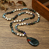 Natural Indian Agate Flat Teardrop Pendant Round Gems and Cube Glass Beaded Long Necklaces for Women FS-WG9FE58-04-1