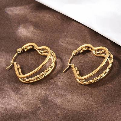 304 Stainless Steel Triple Heart Hoop Earrings EJEW-I320-27G-02-1