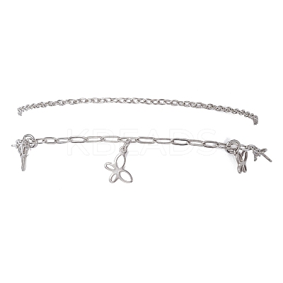 2Pcs 2 Styles 304 Stainless Steel Cable Chain Paperclip Chain Charm Double Layer Anklets for Women AJEW-AN00740-01-1