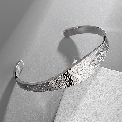 Saint Benedict Religion 304 Stainless Steel Cuff Bangles for Women BJEW-S181-01P-1