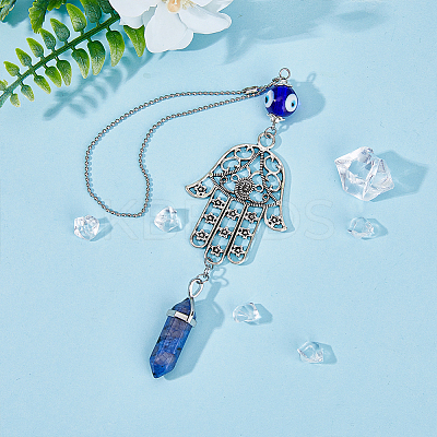 1 Set Hamsa Hand & Evil Eye Hanging Ornament with Bullet Gemstone Charm PALLOY-FH0007-43A-1