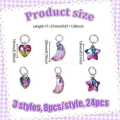 24Pcs 3 Styles Star & Moon & Heart Glass Shoes Charms PALLOY-PH01715-1