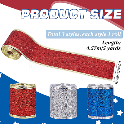 3 Rolls 3 Colors Sparkle Polyester Ribbon with Glitter Powder OCOR-PH0005-54-1