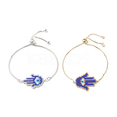 Glass Seed Braided Hamsa Hand with Evil Eye Link Slider Bracelet BJEW-MZ00004-1