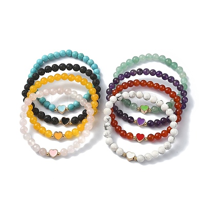 Natural & Synthetic Gemstone Round Beaded Stretch Bracelets BJEW-JB09881-1