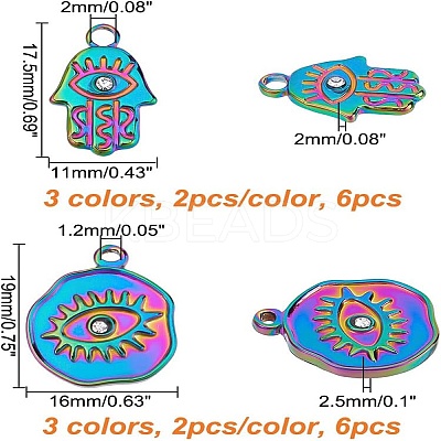 12Pcs 6 Style 304 Stainless Steel Rhinestone Pendant STAS-CA0001-85-1