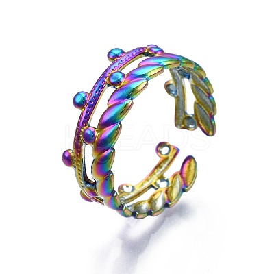 304 Stainless Steel Olive Leaf Wrap Cuff Ring RJEW-N038-092-1