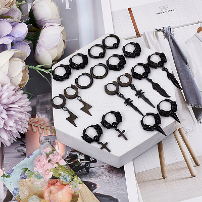 18Pcs 9 Style 304 Stainless Steel Cone & Column Beaded Hoop Earrings EJEW-AN0003-34-1