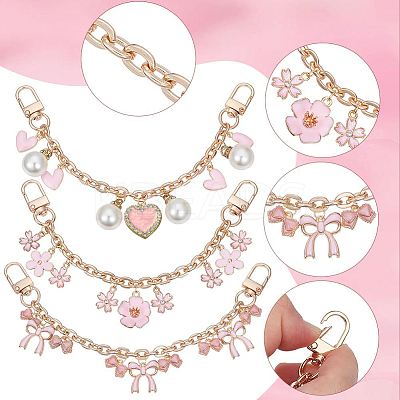 3Pcs 3 Styles Bowknot Heart Heart Pink Zinc Alloy Enamel Tassel Cable Chain Purse Chains FIND-BBC0004-56-1