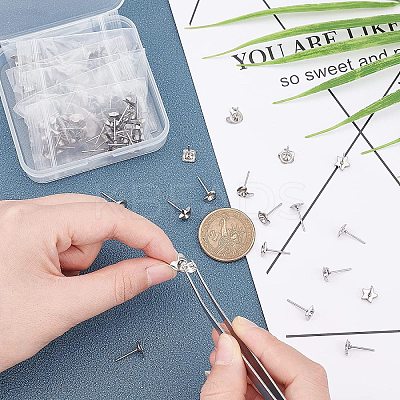 120Pcs Heart & Flower & Star & Square 304 Stainless Steel Ear Stud Components STAS-UN0026-39-1
