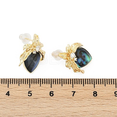Heart Brass Abalone Shell & Clear Cubic Zirconia Stud Earrings KK-D301-09G-1