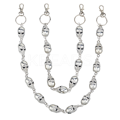2Pcs 2 Styles Halloween Skull Alloy Pendant Chain Belts HJEW-HS00032-1