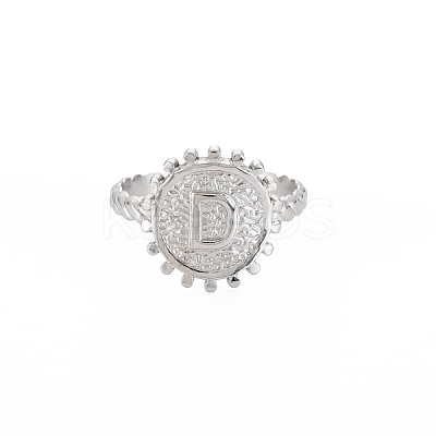 Non-Tarnish 304 Stainless Steel Flat Round with Initial Letter Open Cuff Ring for Men Women RJEW-S405-246P-D-1