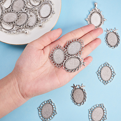 Tibetan Style Alloy Pendant Cabochon Settings and Mosaic Printed Glass Oval Cabochons TIBEP-PH0004-34AS-1