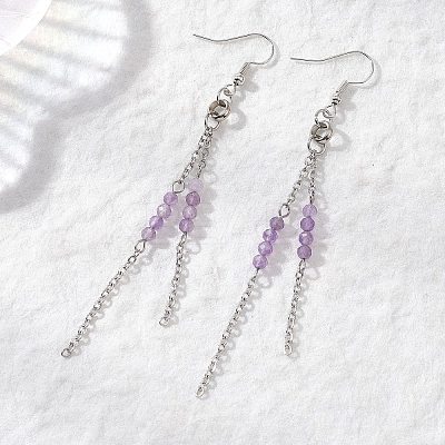 Round 304 Stainless Steel Natural Amethyst Dangle Earrings EJEW-JE06783-01-1