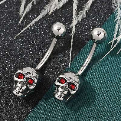 Skull 316 Surgical Stainless Steel Red Cubic Zirconia Belly Button Rings EJEW-G416-34AS-1