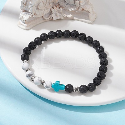 Cross Synthetic Turquoise & Natural Howlite & Lava Rock Beaded Stretch Bracelet BJEW-JB09765-02-1