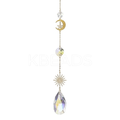 Glass Crystal Balls & Brass Sun Moon Pendant Ornament HJEW-JM02158-1