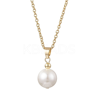 Shell Pearl White Round Pendant 304 Stainless Steel Cable Chain Necklaces for Women NJEW-JN05760-02-1