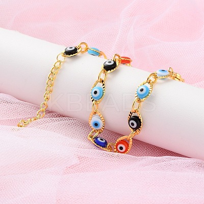 Evil Eye Brass Link Bracelets for Woamn BJEW-S157-05G-1