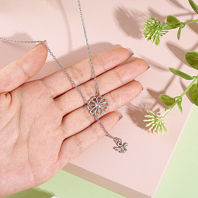 Adjustable 304 Stainless Steel Cable Chain Necklaces Flower & Bees Alloy Charm Lariat Necklaces for Women NJEW-TAC0017-01-1