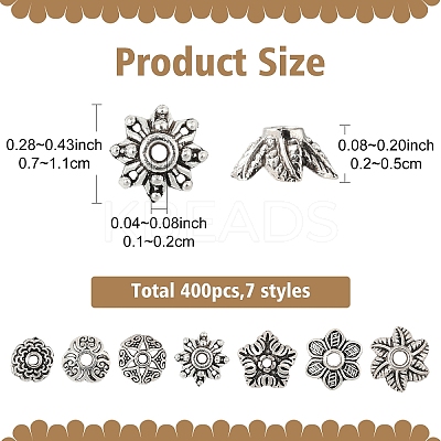 400Pcs 7 Style Tibetan Style Alloy Bead Caps TIBE-YW0001-80-1