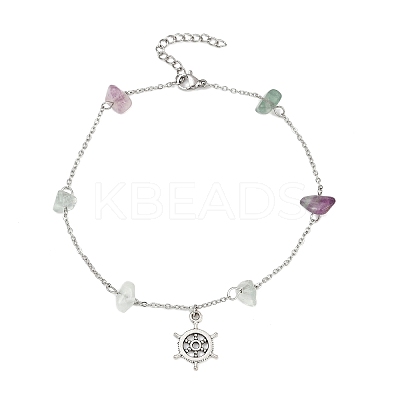 Natural Fluorite Chip Bead Chain Anklets AJEW-AN00671-02-1