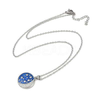 Brass Micro Pave Clear Cubic Zirconia with Blue Enamel Flat Round Pendant Necklaces LS-NJEW-Z088-03P-02-1