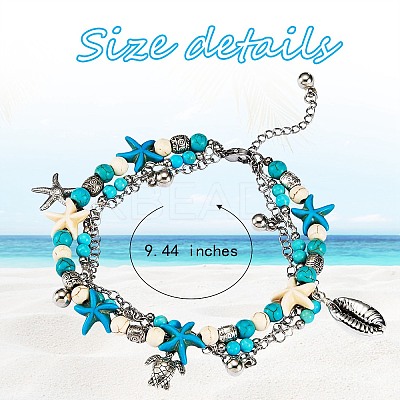 Synthetic Turquoise Beads Multi-strand Anklet AJEW-SW00008-1