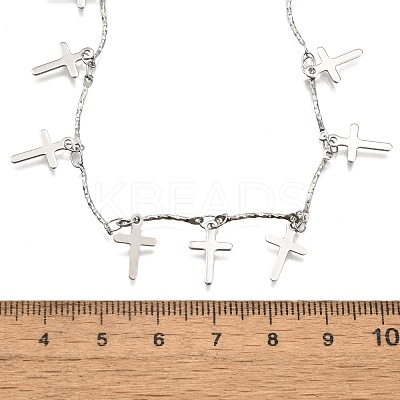 304 Stainless Steel Textured Link Bar Cross Charm Tassel Necklaces NJEW-R023-01P-1