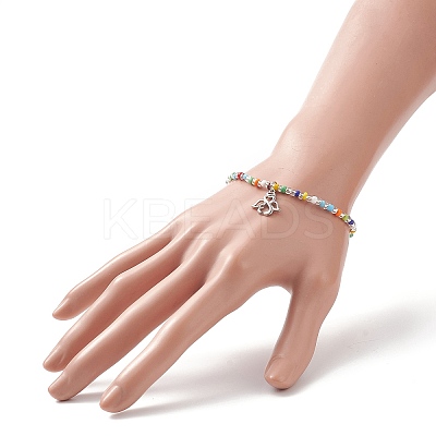 Colorful Seed Beaded Stretch Bracelet with Brass Charms for Women BJEW-JB09218-03-1