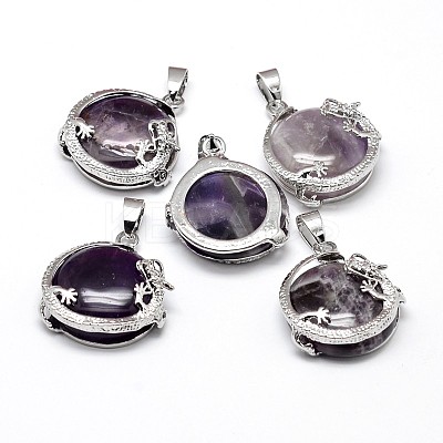 Flat Round with Dragon Platinum Plated Brass Natural Amethyst Pendants G-F228-24I-RS-1