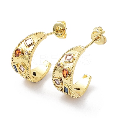 Colorful Cubic Zirconia Crescent Moon Stud Earrings X-EJEW-B027-17G-1