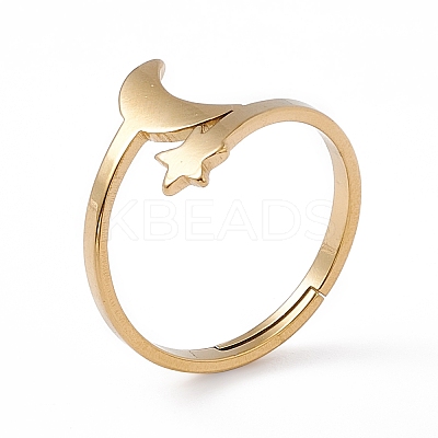 Ion Plating(IP) 201 Stainless Steel Moon & Star Adjustable Ring for Women RJEW-K238-08G-1