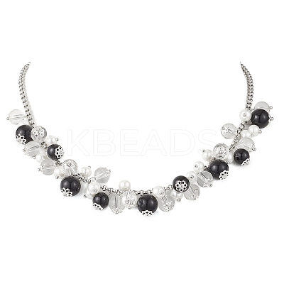 3Pcs 3 Colors Round Glass Beaded Bib 304 Stainless Steel Rolo Chain Necklaces NJEW-JN05359-1