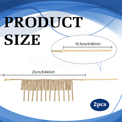 2Pcs Bohemian Brass Full Crystal Rhinestone Tassel Anklets for Women AJEW-PH0007-81G-1