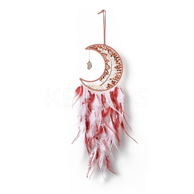 Gemstone Chips Beaded Tree of Life Moon with Feather Pendant Decorations HJEW-M004-14-1