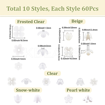 600Pcs 10 Styles ABS Plastic Imitation Pearl & Acrylic Bead Caps OACR-SC0002-34-1