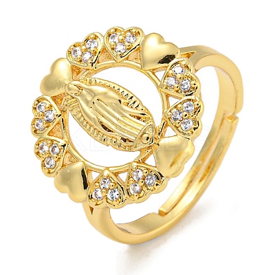 Flat Round with Saint & Heart Rack Plating Brass Micro Pave Cubic Zirconia Adjustable Rings RJEW-I105-04G-10-1