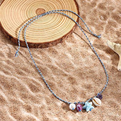 Summer Beach Porcelain Fish & Natural Cowrie Shell Pendant Cotton Cord Adjustable Necklaces FS-WG63638-02-1