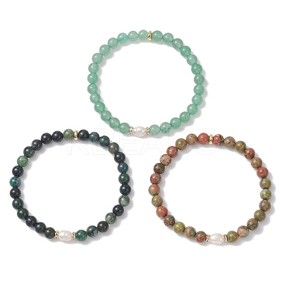 3Pcs Natural Moss Agate & Green Aventurine & Unakite Round Beads Stretch Bracelets for Women BJEW-JB13056-1