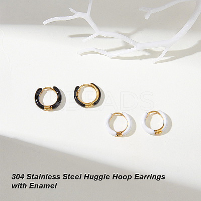 2 Pairs 2 Colors Two Tone 304 Stainless Steel Chunky Huggie Hoop Earrings with Enamel for Women EJEW-DC0001-38A-1