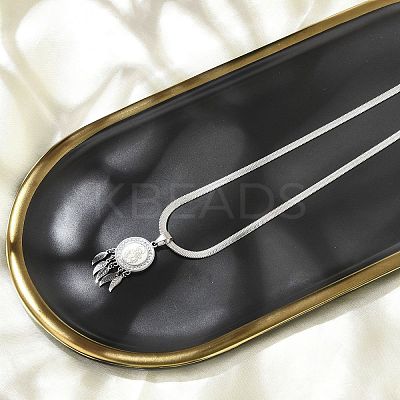 201 Stainless Steel Clear Cubic Zirconia Flat Round Virgin with Feather Pendant Necklaces NJEW-H055-04P-1