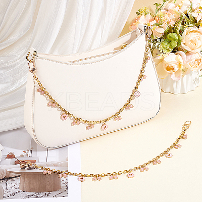 2Pcs Alloy Enamel Pink Bowknot Tassel 304 Stainless Steel Cable Chain Bag Decorative Chains AJEW-BBC0001-03-1