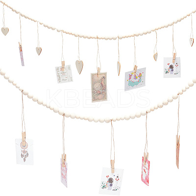 2Pcs 2 Styles Wall Hanging Photo Display with Wooden Beads Garland WOOD-GO0001-02-1