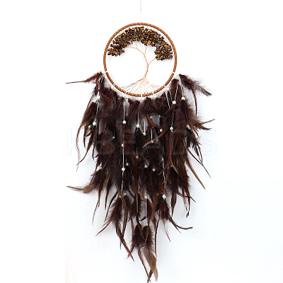 Tree of Life Wrapped Natural Tiger Eye Chips Woven Web/Net with Feather Decorations PW-WG91800-02-1