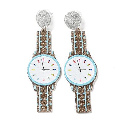 Sparkling Acrylic Watch Dangle Stud Earrings with 304 Stainless Steel Pins LS-EJEW-C063-01F-1