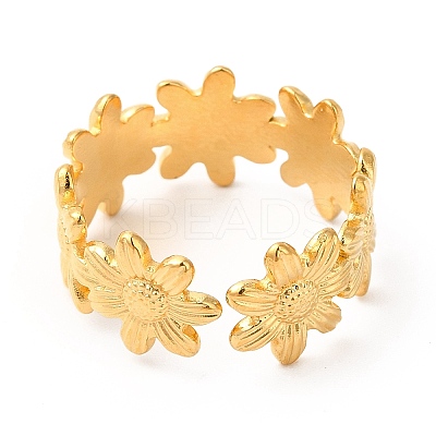 Ion Plating(IP) 304 Stainless Steel Sunflower Open Cuff Ring for Women RJEW-E063-08G-1